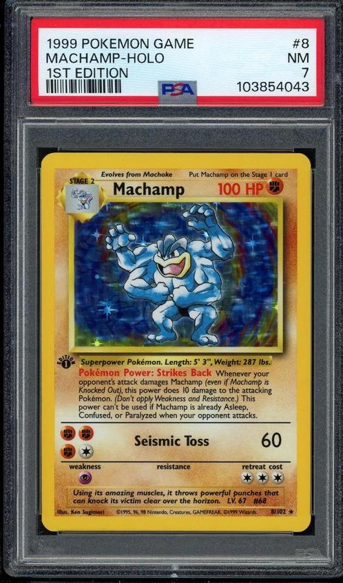 Machamp Holo 1st Edition PSA 7 - 8/102 - Base Set 1999, Hobby en Vrije tijd, Verzamelkaartspellen | Pokémon, Zo goed als nieuw