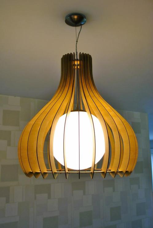 Moderne Houten Design hanglamp, Maison & Meubles, Lampes | Suspensions, Comme neuf, 75 cm ou plus, Bois, Enlèvement