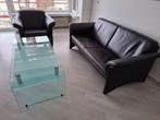 volledig zwart salon met salontafel, Huis en Inrichting, Zetels | Complete zithoeken, Ophalen, Zo goed als nieuw, Leer, Modern