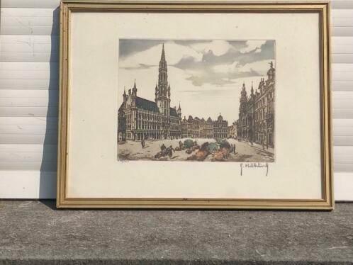 gravure grand place de bruxelles signe roger hebbelinck, Antiek en Kunst, Kunst | Etsen en Gravures, Ophalen of Verzenden