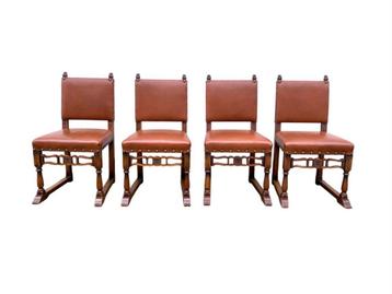 Eikenhouten Kasteelstoelen | Eetkamerstoelen (4), Huis en Inrichting, Ophalen, Bruin, Klassiek, Leer
