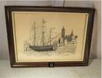 Prachtig Oude Pentekening 'Zeilboot aan de Kade' - Defilett, Antiek en Kunst, Ophalen of Verzenden
