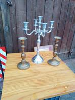 Drie oude metalen kandelaars, Antiek en Kunst, Ophalen of Verzenden