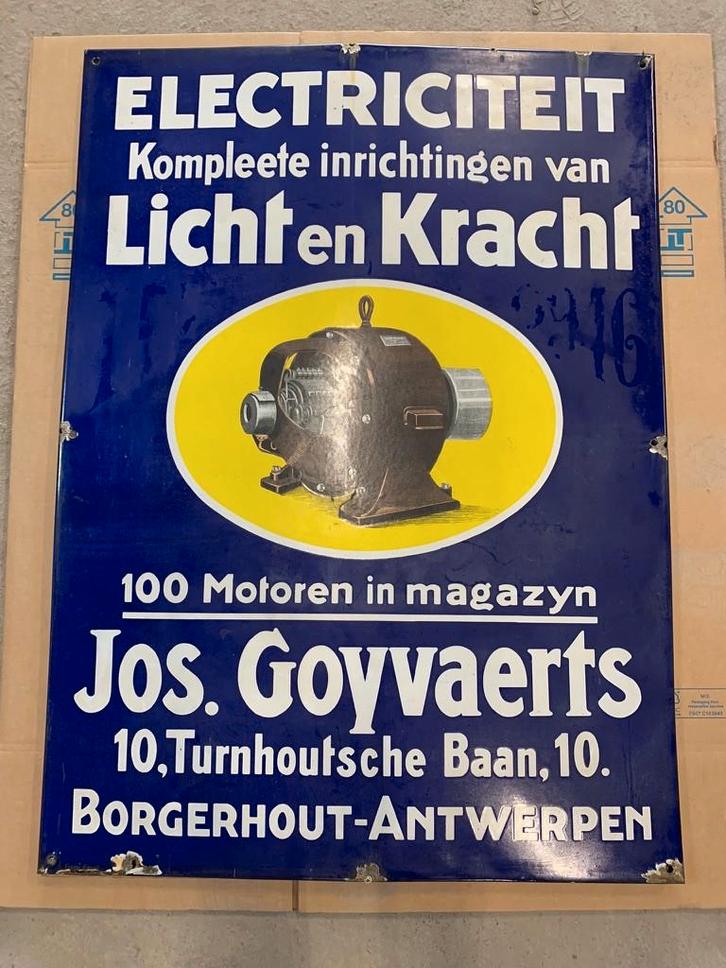 Jos Goyvaerts licht kracht XXL oud emaille reclamebord 1911, Verzamelen, Merken en Reclamevoorwerpen, Gebruikt, Reclamebord, Ophalen