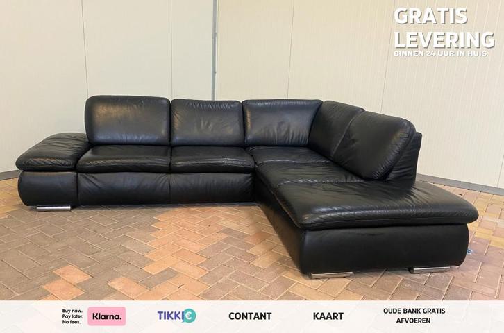 GRATIS LEVERING HEEL BE Mooie Zwarte Echt Leer Hoekbank, Huis en Inrichting, Zetels | Zetels, Zo goed als nieuw, Hoekbank, Vierpersoons of meer