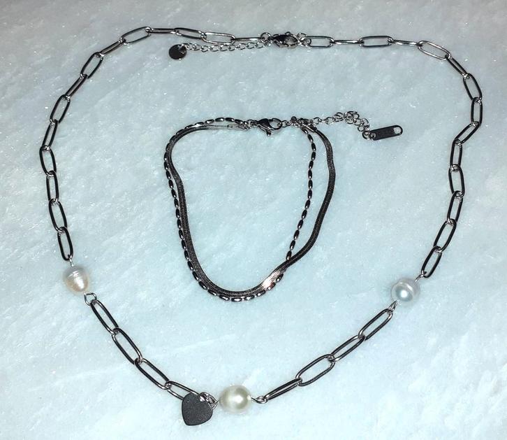 Juwelenset zilver met zoetwaterparel, Handtassen en Accessoires, Kettingen, Nieuw, Steen of Mineraal, Zilver, Met edelsteen, Verstelbaar