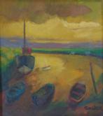 JAN COCKX / AANGEMEERDE BOOTJES / OLIEVERF DOEK / 66x61cm, Antiek en Kunst, Ophalen of Verzenden