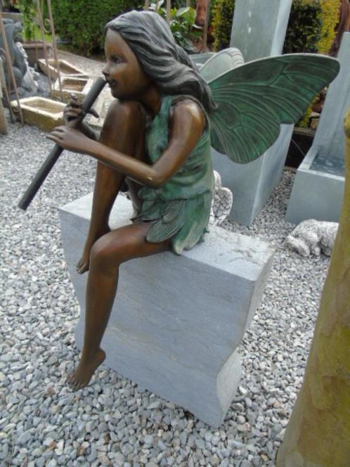 Standbeeld van de Grote Elf met de fluit in gepatineerd bron, Tuin en Terras, Tuinbeelden, Nieuw, Overige typen, Overige materialen