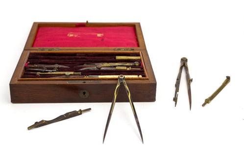 antieke houten doos met passer en tekeninstrumenten, Antiek en Kunst, Antiek | Gereedschap en Instrumenten, Ophalen of Verzenden