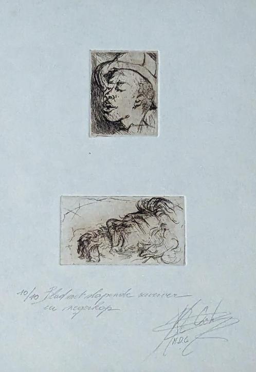 Monique? De Cock - kader met 2 kleine etsjes - kleine oplage, Antiek en Kunst, Kunst | Etsen en Gravures, Ophalen of Verzenden