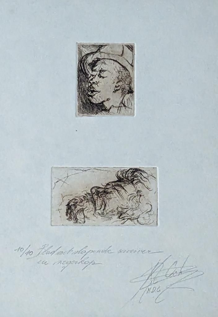 Monique? De Cock - kader met 2 kleine etsjes - kleine oplage, Antiek en Kunst, Kunst | Etsen en Gravures, Ophalen of Verzenden