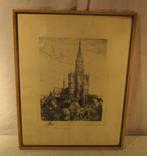 Mooie Oude Ets 'Stad met Kathedraal' - gesigneerd, Ophalen of Verzenden