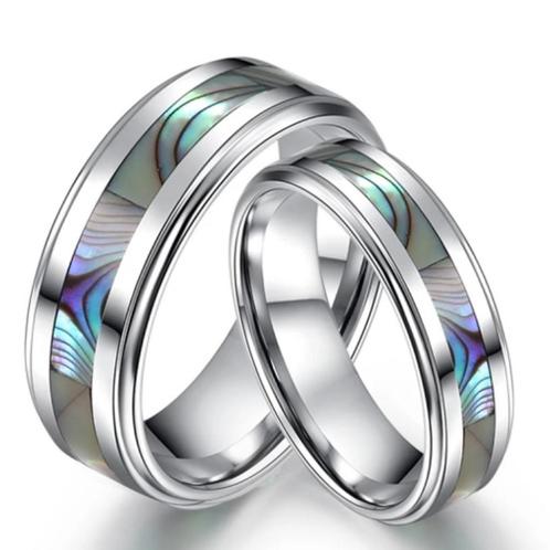 Trouwringen wolfraam met abalone - Eline, Handtassen en Accessoires, Ringen, Nieuw, Dame of Heer, Overige kleuren, Overige materialen
