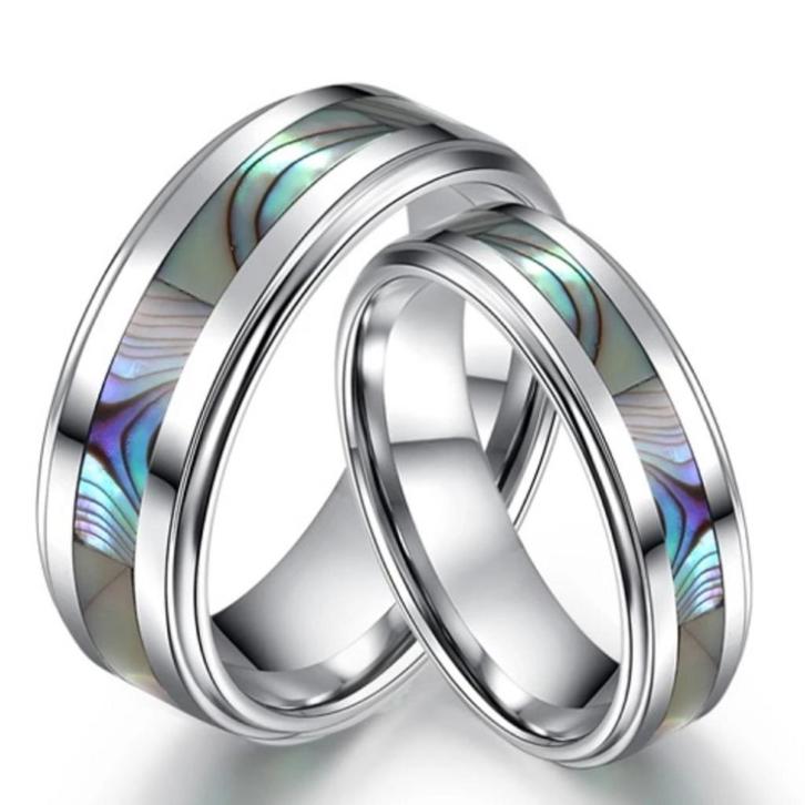 Trouwringen wolfraam met abalone - Eline, Handtassen en Accessoires, Ringen, Nieuw, Dame of Heer, Overige kleuren, Overige materialen