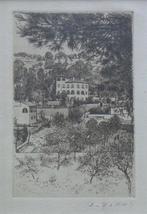 JAAK GORUS / HUIZEN IN LANDSCHAP / ZW-W ETS / 32x25cm KADER, Antiek en Kunst, Ophalen of Verzenden