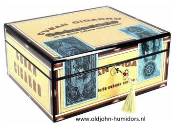 H60: HUMIDOR "CUBAN CIGARRO" - SIGARENKIST MOTIEF HOOGGLANS beschikbaar voor biedingen