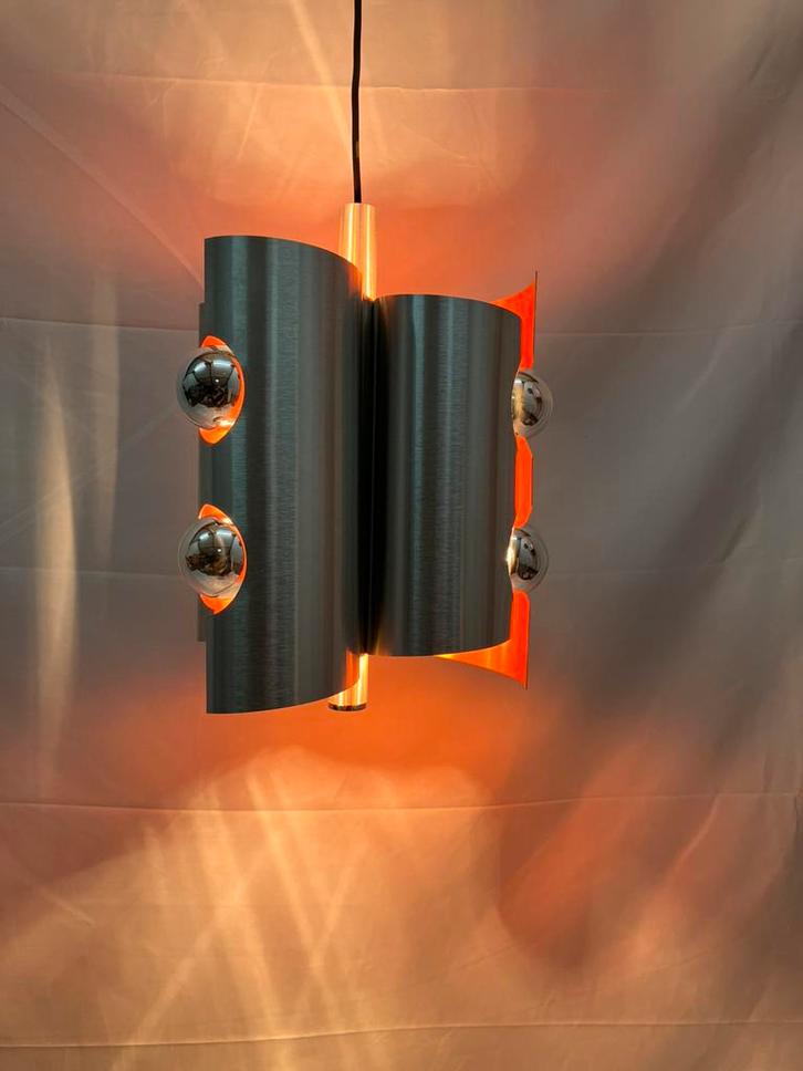 Vintage space age hanglamp, Polam, geborsteld aluminium, Huis en Inrichting, Lampen | Losse lampen, Zo goed als nieuw, Ophalen of Verzenden