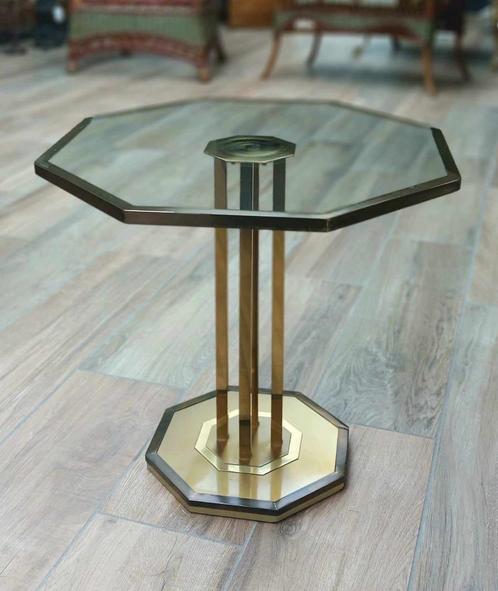 Kleine achthoekige salontafel van messing en glas - jaren 70, Antiek en Kunst, Antiek | Meubels | Tafels, Ophalen
