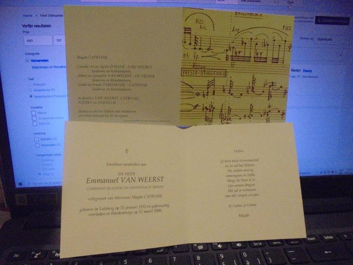 dp Emmanuel Van Weerst, Verzamelen, Bidprentjes en Rouwkaarten, Bidprentje, Ophalen of Verzenden