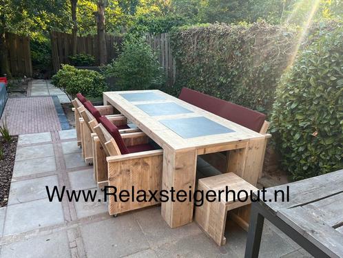 Steigerhout Tuinset eettafel stoelen bank met gratis krukje, Jardin & Terrasse, Ensembles de jardin, Neuf, Bois d'échafaudage