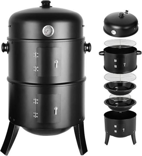 Rookoven 3-in-1 houtskool grill rookton + deksel thermometer, Tuin en Terras, Houtskoolbarbecues, Nieuw, Ophalen