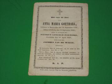 bidprentje °1761 BASSEVELDE +1843 Anna GOETHALS, Enlèvement ou Envoi, Image pieuse