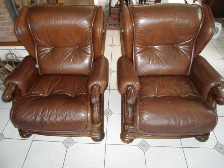 2 mooie fauteuils. Oerdegelijk. Gelijk nieuw, Huis en Inrichting, Fauteuils, Hout, Leer, Ophalen