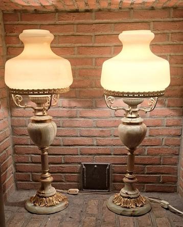 2 prachtige vintage Tafellamp, onyx ,marmer, messing beschikbaar voor biedingen
