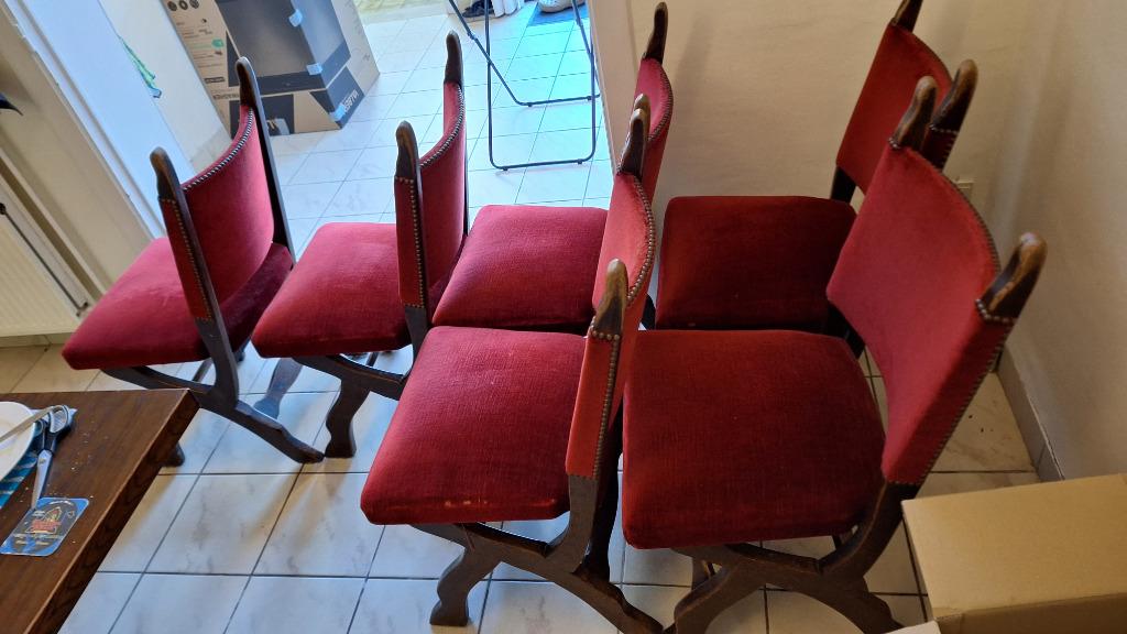 Grote zware tafel van hout, met stoffen stoelen met vering, Huis en Inrichting, Tafels | Eettafels, Gebruikt, 50 tot 100 cm, 150 tot 200 cm