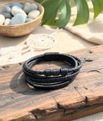 Herenarmband van echt leer en roestvrij staal _ Nieuw, Handtassen en Accessoires, Armbanden, Verzenden, Zwart, Leer, Zo goed als nieuw