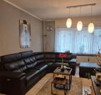 Zwart lederen hoeksalon met relaxen en poef in zwart  leder, Enlèvement, Comme neuf, Cuir