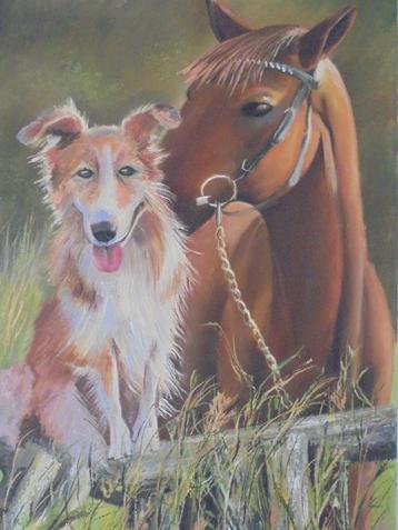 olieschilderij paard/hond (50x70cm) beschikbaar voor biedingen