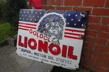 Lion Oil 1949 Artemail Brux. zeldzame originele emaille pub  beschikbaar voor biedingen