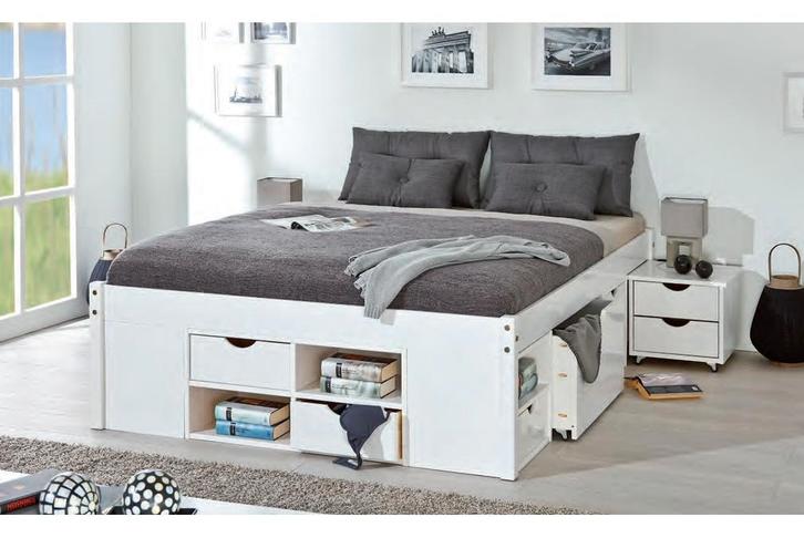 Tweepersoons massief grenen bed met lades en nachtkastjes, Huis en Inrichting, Slaapkamer | Bedden, Nieuw, Tweepersoons, 140 cm