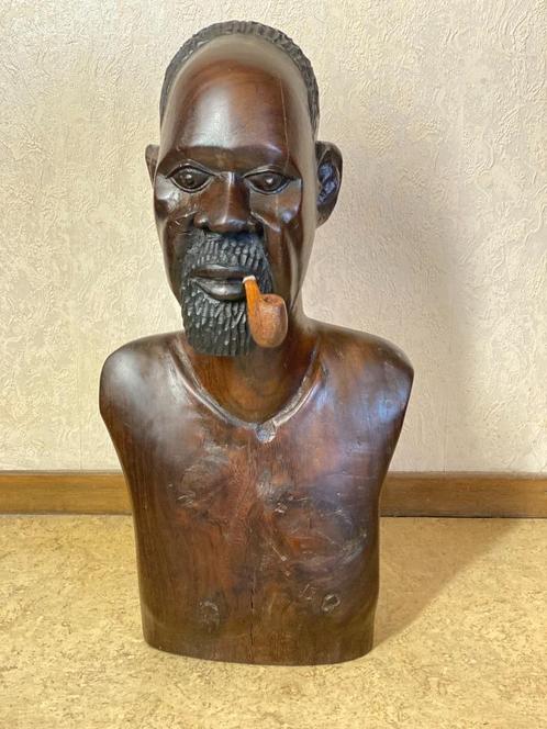 Grote houten buste van een Afrikaanse man, Antiek en Kunst, Kunst | Beelden en Houtsnijwerken, Ophalen of Verzenden