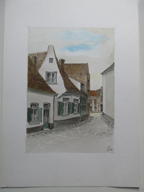 Aquarel "J. Standonckstraat Mechelen" door L. Boschmans, Antiek en Kunst, Kunst | Schilderijen | Klassiek, Ophalen of Verzenden