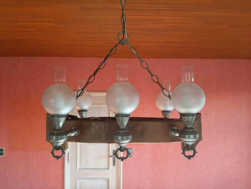 Rustieke luster / luchter met 6+3 gratis lampen, Maison & Meubles, Lampes | Lustres, Comme neuf, Verre, Bois, Métal, Enlèvement