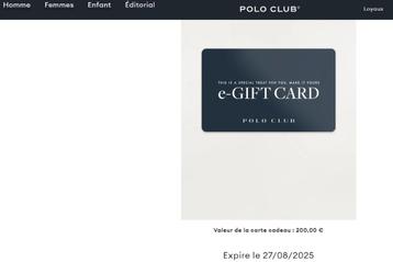 Chèque cadeau 200€ poloclub vêtements disponible aux enchères