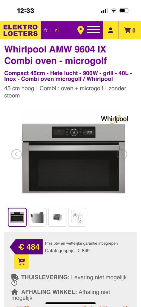 Combi oven whirlpool amw 9604, Elektronische apparatuur, Ovens, Gebruikt, Inbouw, Oven met grill, 45 tot 60 cm, 45 tot 60 cm, Hete lucht