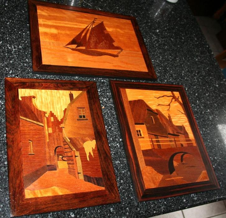 Paneeltjes Marquetrie ingelegd hout, Antiek en Kunst, Curiosa en Brocante, Ophalen of Verzenden