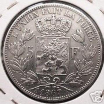 Belgique : 5 francs 1867 FR (« F » avec point) = morin 154 A, Monnaie en vrac, Argent, Argent, Envoi