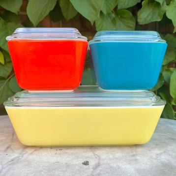 Vintage frigoset Pyrex primaire kleuren - 4 potjes, Ophalen of Verzenden