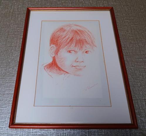 ets Sanguine - dromend kind - Ingrid Geudens + attest, Antiek en Kunst, Kunst | Etsen en Gravures, Ophalen of Verzenden