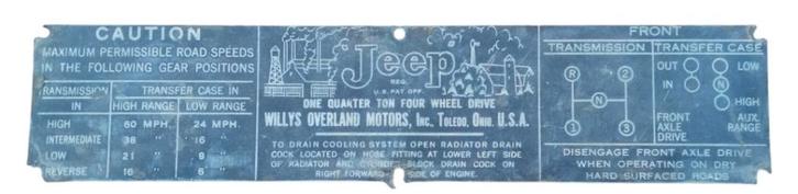 US - Instruction Dash Data Plate Willys and Jeep, Collections, Objets militaires | Seconde Guerre mondiale, Armée de terre, Enlèvement ou Envoi