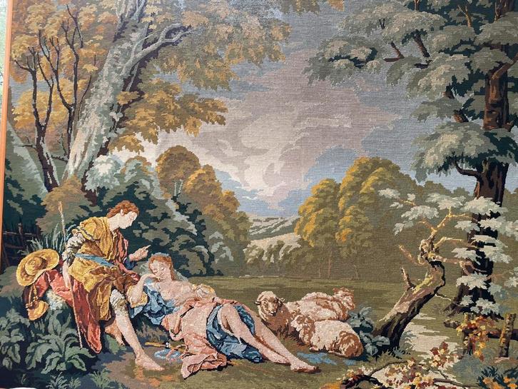 Groot handgeborduurd wandtapijt romantisch tafereel, Antiek en Kunst, Kunst | Schilderijen | Klassiek, Ophalen