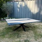 Grote houten salontafel (epoxy) met aluminium onderstel, Ophalen, Eikenhout, Minder dan 50 cm, Rechthoekig