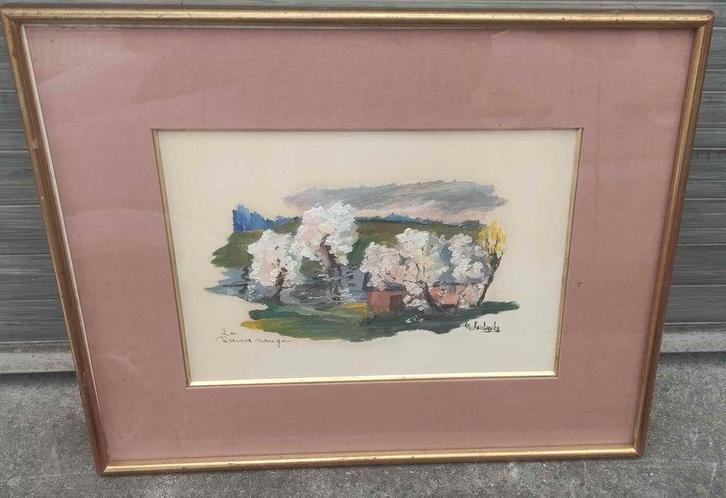 huile sur papier maison rouge signe marie lambrexhe, Antiquités & Art, Art | Peinture | Classique, Enlèvement ou Envoi