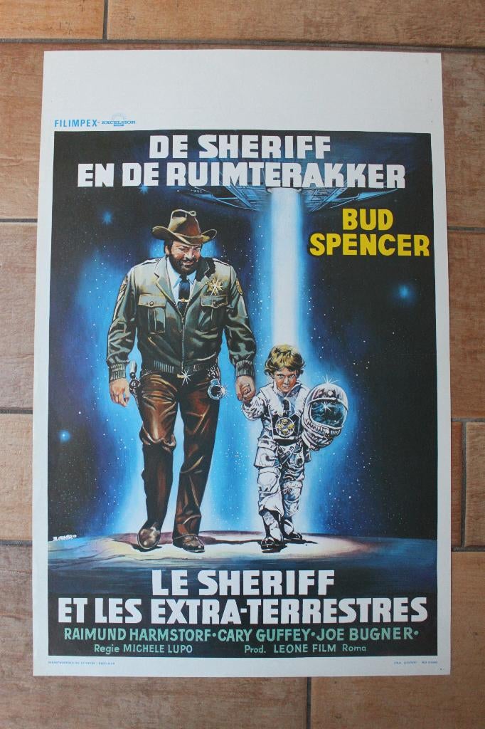 filmaffiche Bud Spencer De sheriff ruimterakker filmposter, Rechthoekig Staand, Ophalen of Verzenden, Zo goed als nieuw, A1 t/m A3