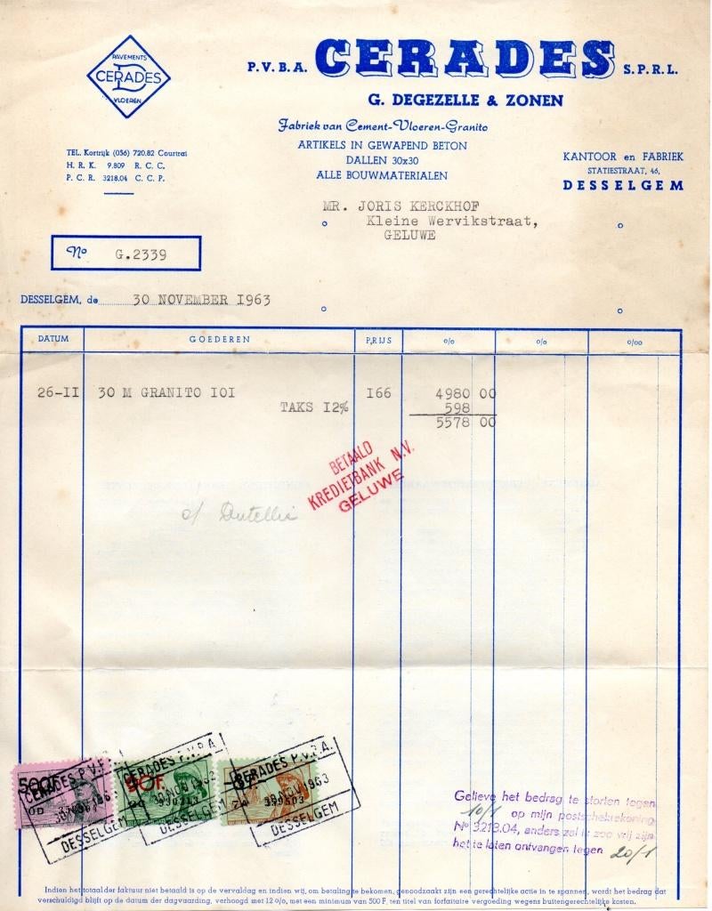 oude facturen Desselgem (Waregem), Ophalen of Verzenden