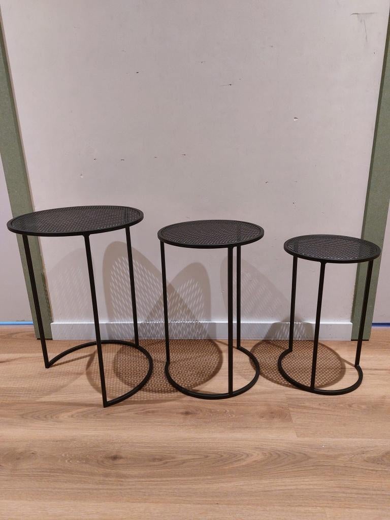 Set van 3 ronde metalen bijzettafels – industriële stijl, Minder dan 55 cm, Gebruikt, Metaal of Aluminium, Rond